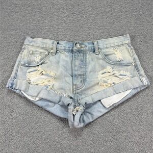 One x One Teaspoon Booty Shorts Women's 27 Blue Button Fly Cut Off Distressed